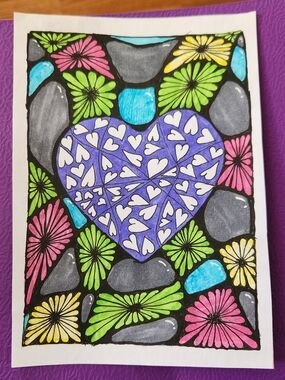 Hand-Drawn Purple Heart Floral Art Print W/out Frame  By Kylee